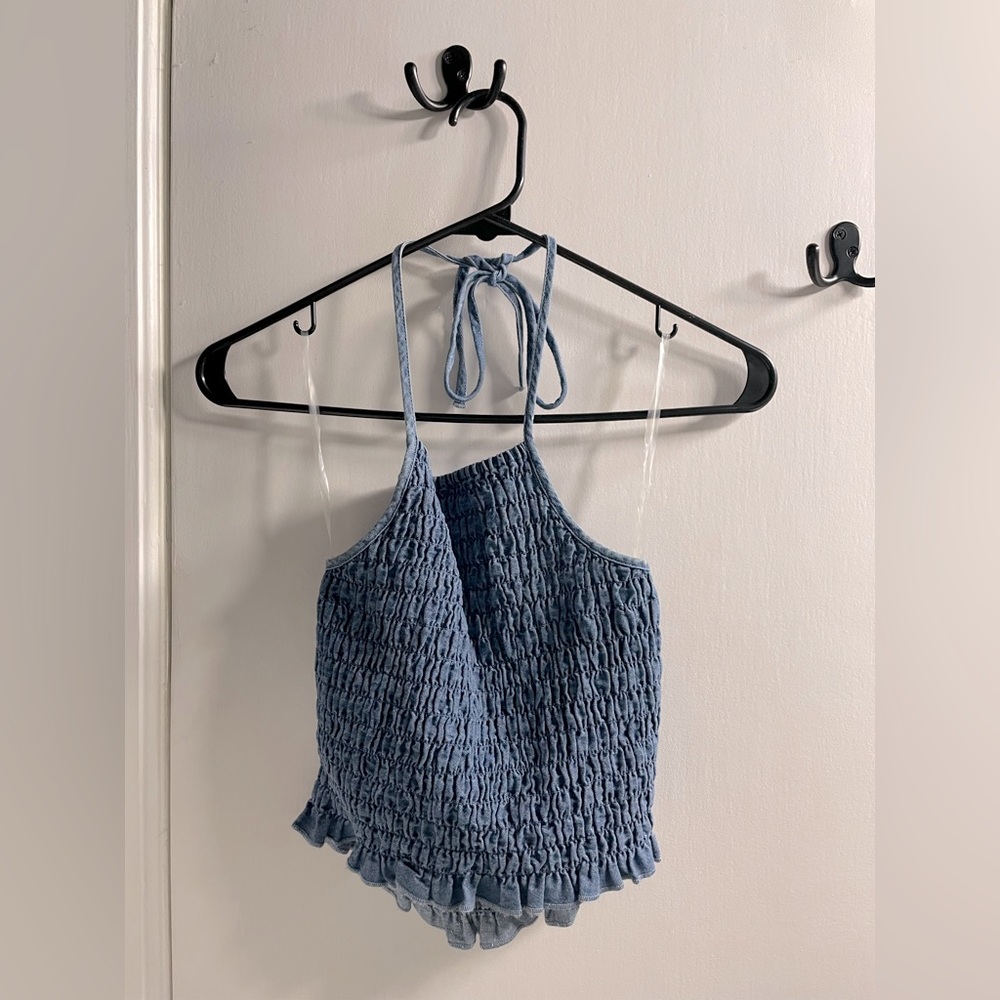 American Eagle denim smocked halter top, cropped, XS